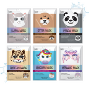 Animal Character Sheet Masks #1 | 6 Pack or 12 Pack | Llama, Otter, Panda, Cheetah, Unicorn, Mermaid