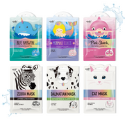 Animal Character Sheet Masks #2 | 6 Pack or 12 Pack | Cat, Dalmatian, Zebra, Blue Narwhal, Pink Shark, Mermaid Scales