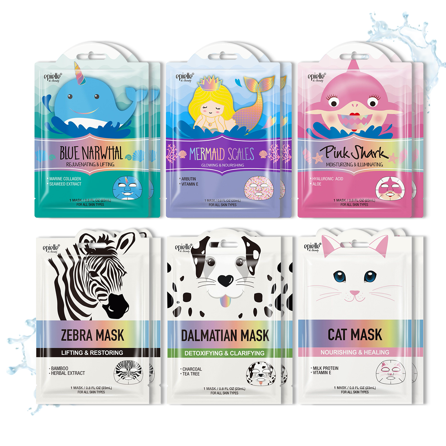 Animal Character Sheet Masks - Cat, Dalmatian, Zebra, Blue Narwhal, Pink Shark, Mermaid Scales